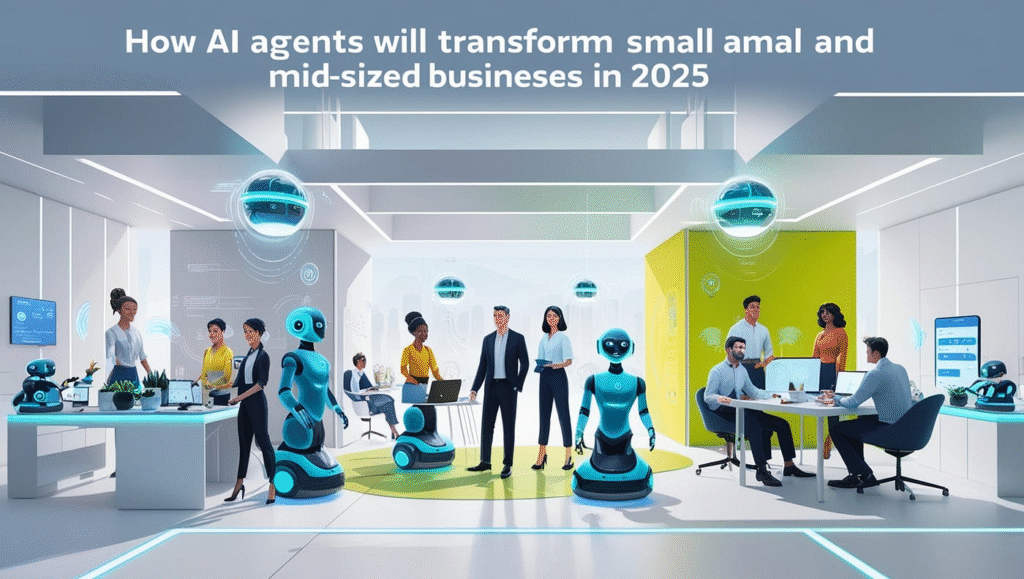 A modern office scene showcasing AI robots assisting diverse professionals in collaboration and technology integration for business innovation.